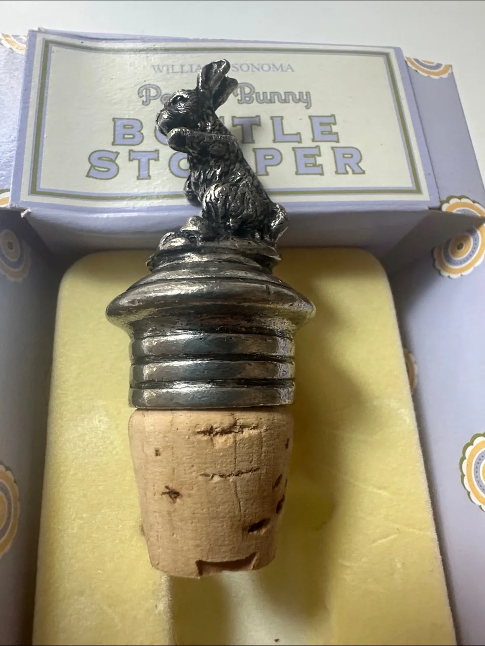 Vintage new Williams-Sonoma Silver Pewter Bunny Bottle Stopper with Natural Cork